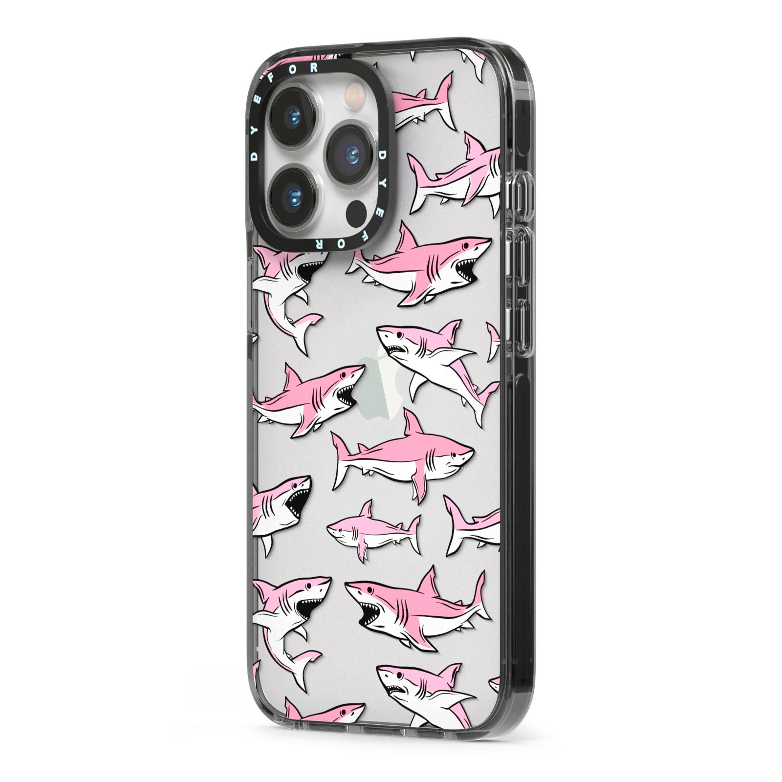 Pink Shark iPhone 13 Pro Black Impact Case Side Angle on Silver phone