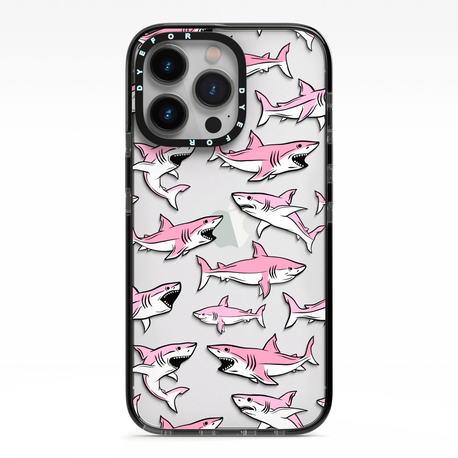 Pink Shark iPhone 13 Pro Black Impact Case on Silver phone