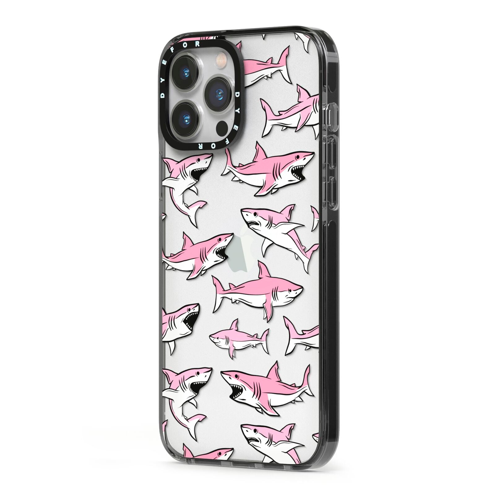 Pink Shark iPhone 13 Pro Max Black Impact Case Side Angle on Silver phone