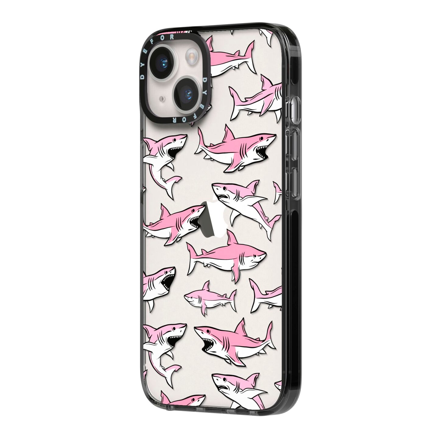 Pink Shark iPhone 14 Black Impact Case Side Angle on Silver phone