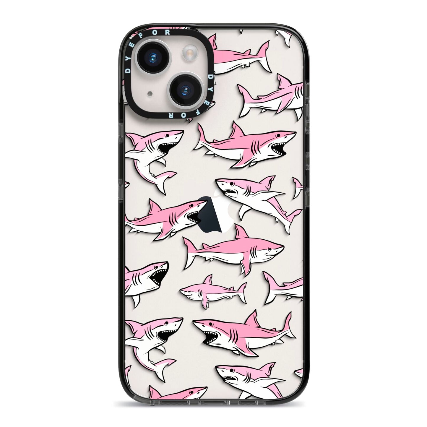 Pink Shark iPhone 14 Black Impact Case on Silver phone