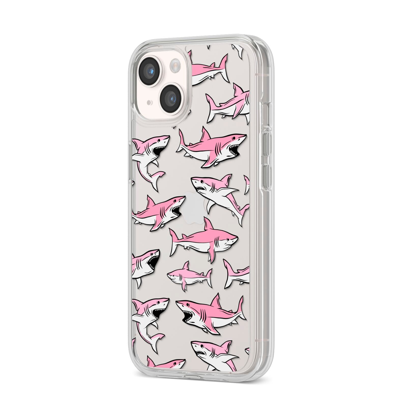 Pink Shark iPhone 14 Clear Tough Case Starlight Angled Image