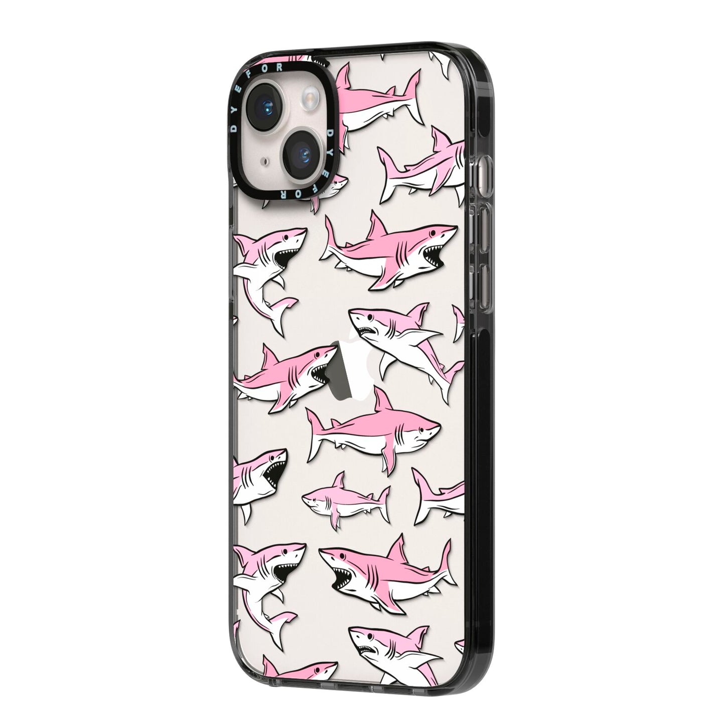 Pink Shark iPhone 14 Plus Black Impact Case Side Angle on Silver phone