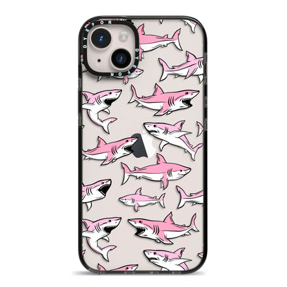 Pink Shark iPhone 14 Plus Black Impact Case on Silver phone