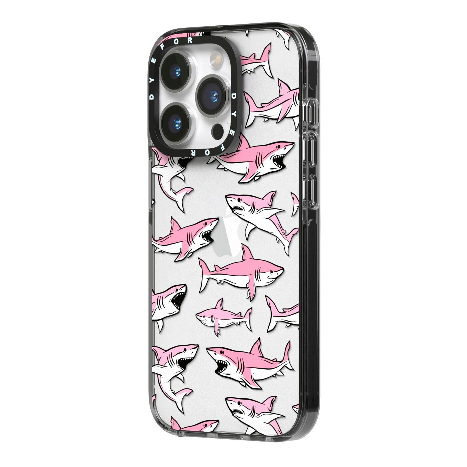 Pink Shark iPhone 14 Pro Black Impact Case Side Angle on Silver phone