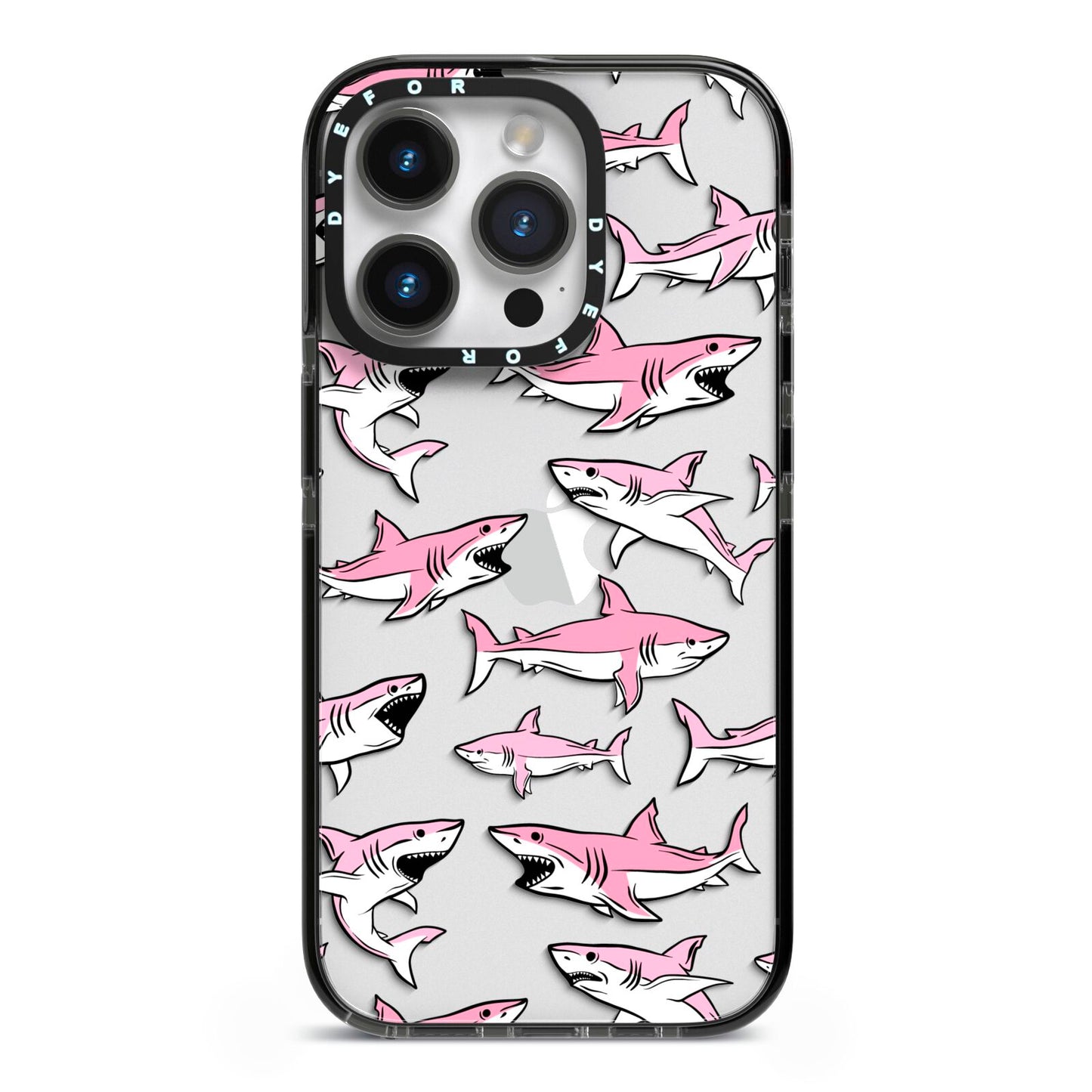 Pink Shark iPhone 14 Pro Black Impact Case on Silver phone