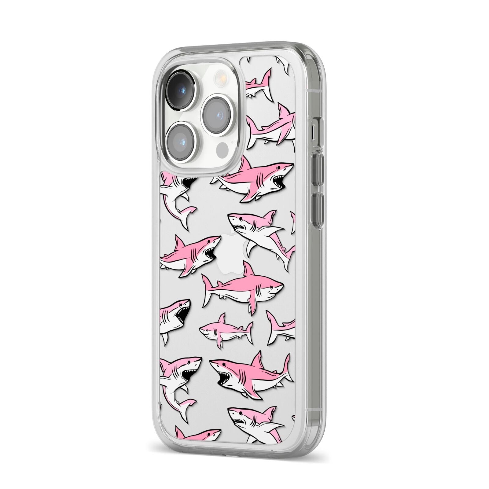 Pink Shark iPhone 14 Pro Clear Tough Case Silver Angled Image