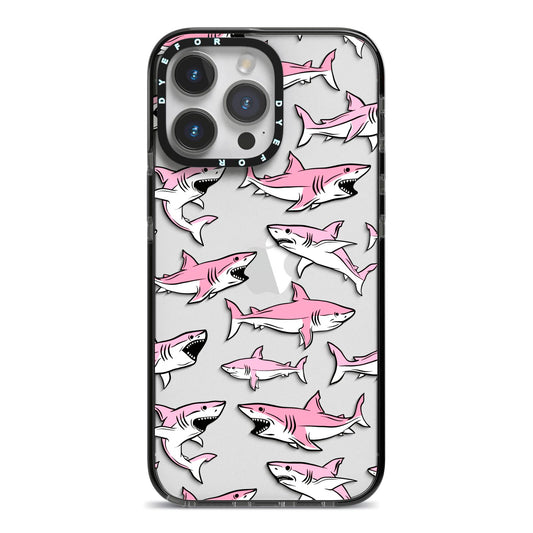 Pink Shark iPhone 14 Pro Max Black Impact Case on Silver phone