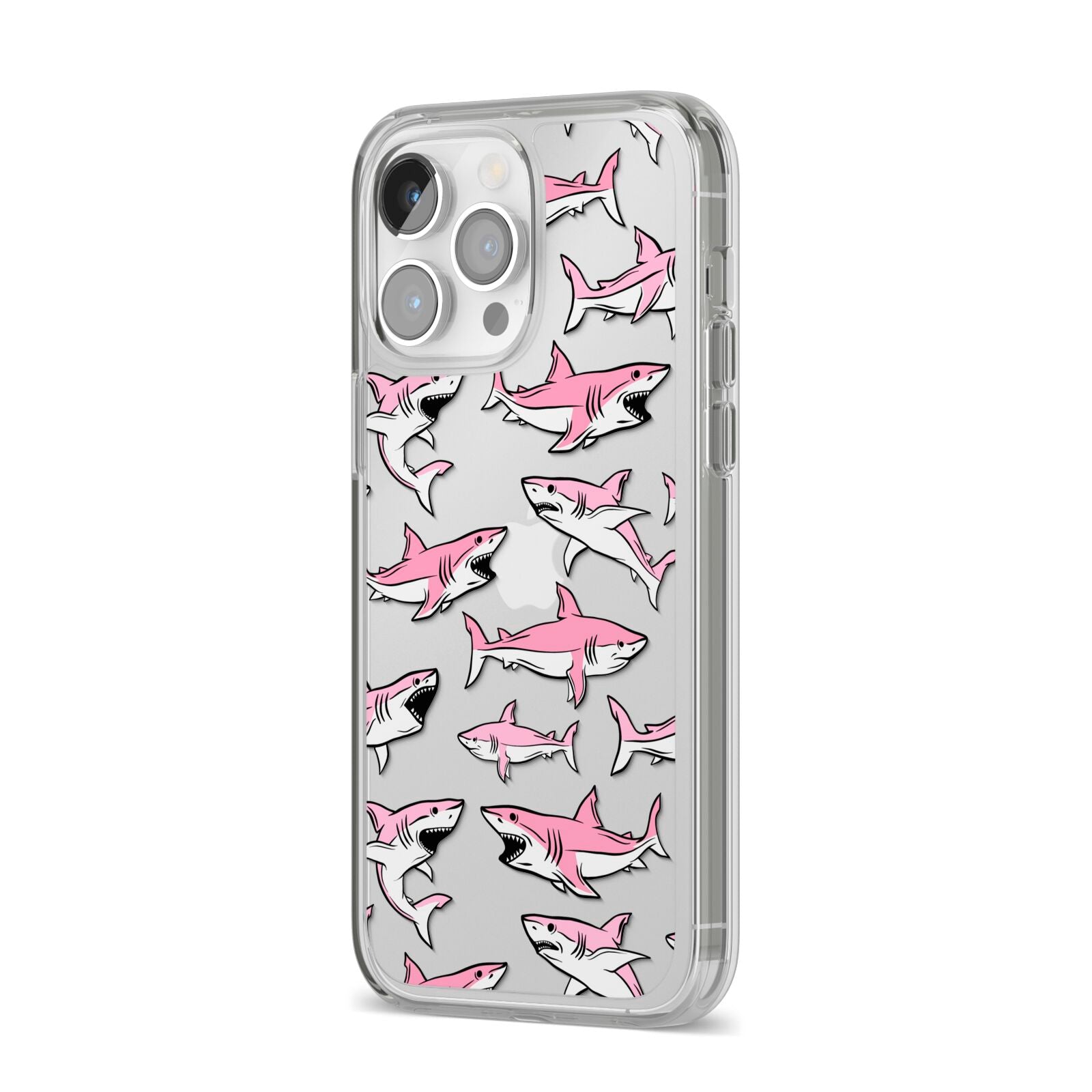 Pink Shark iPhone 14 Pro Max Clear Tough Case Silver Angled Image