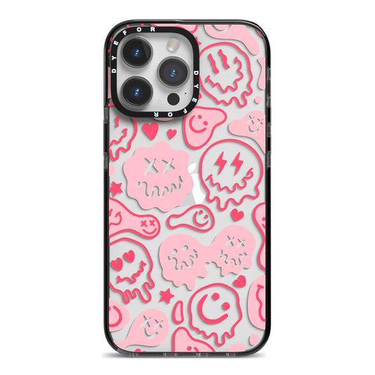 Pink Smiley Face iPhone 14 Pro Max Black Impact Case on Silver phone