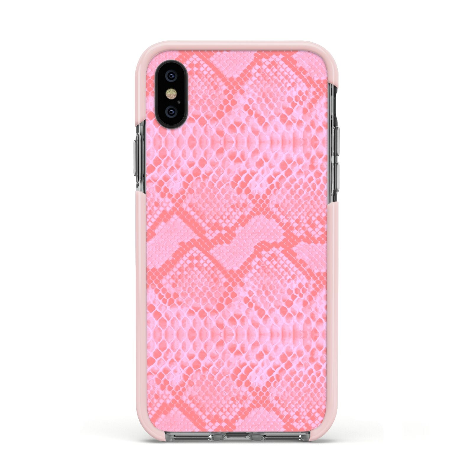 Pink Snakeskin Apple iPhone Xs Impact Case Pink Edge on Black Phone