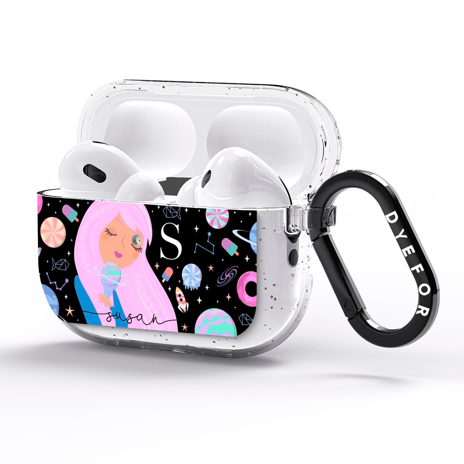 Pink Space Lady Personalised AirPods Pro Glitter Case Side Image