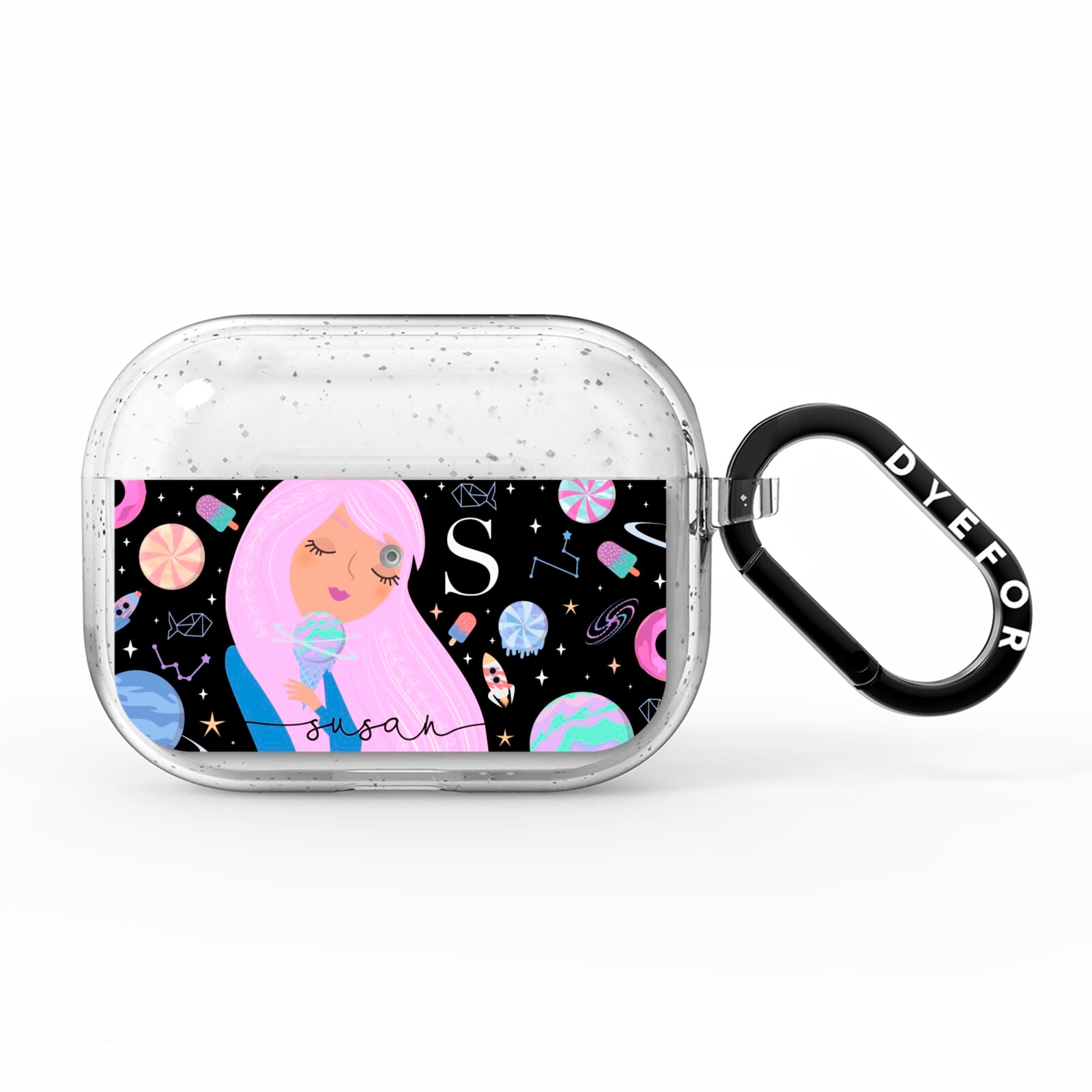 Pink Space Lady Personalised AirPods Pro Glitter Case