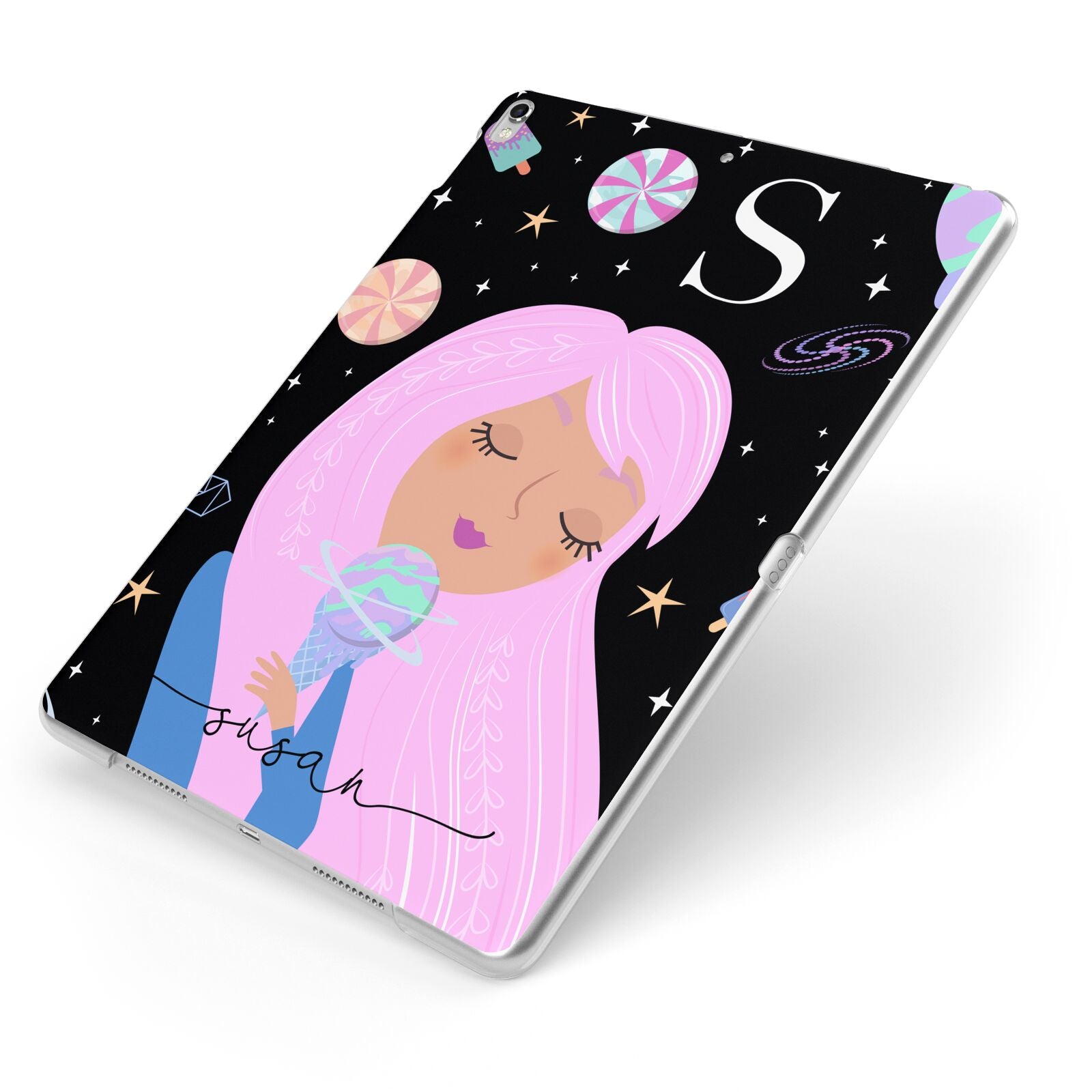 Pink Space Lady Personalised Apple iPad Case on Silver iPad Side View