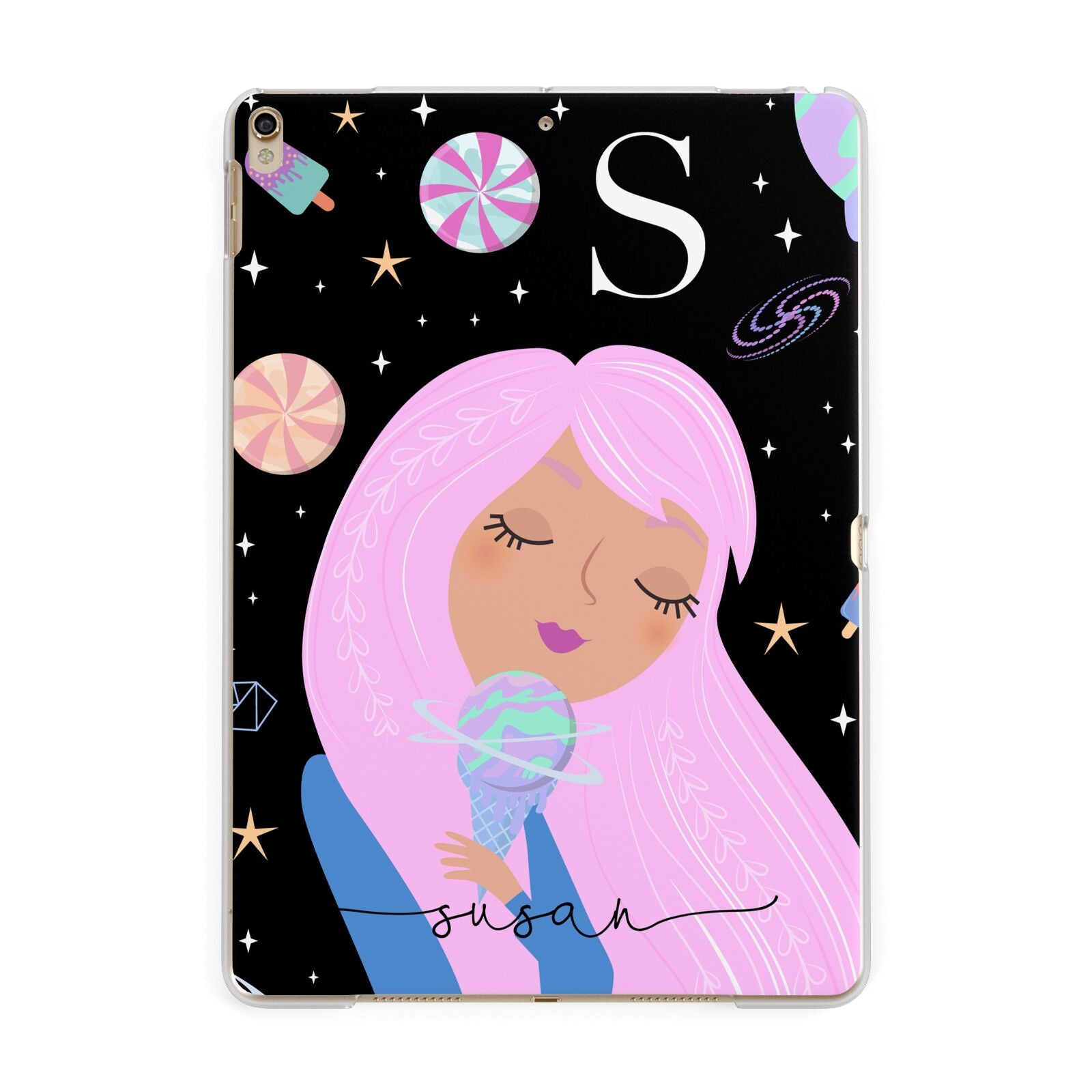 Pink Space Lady Personalised Apple iPad Gold Case