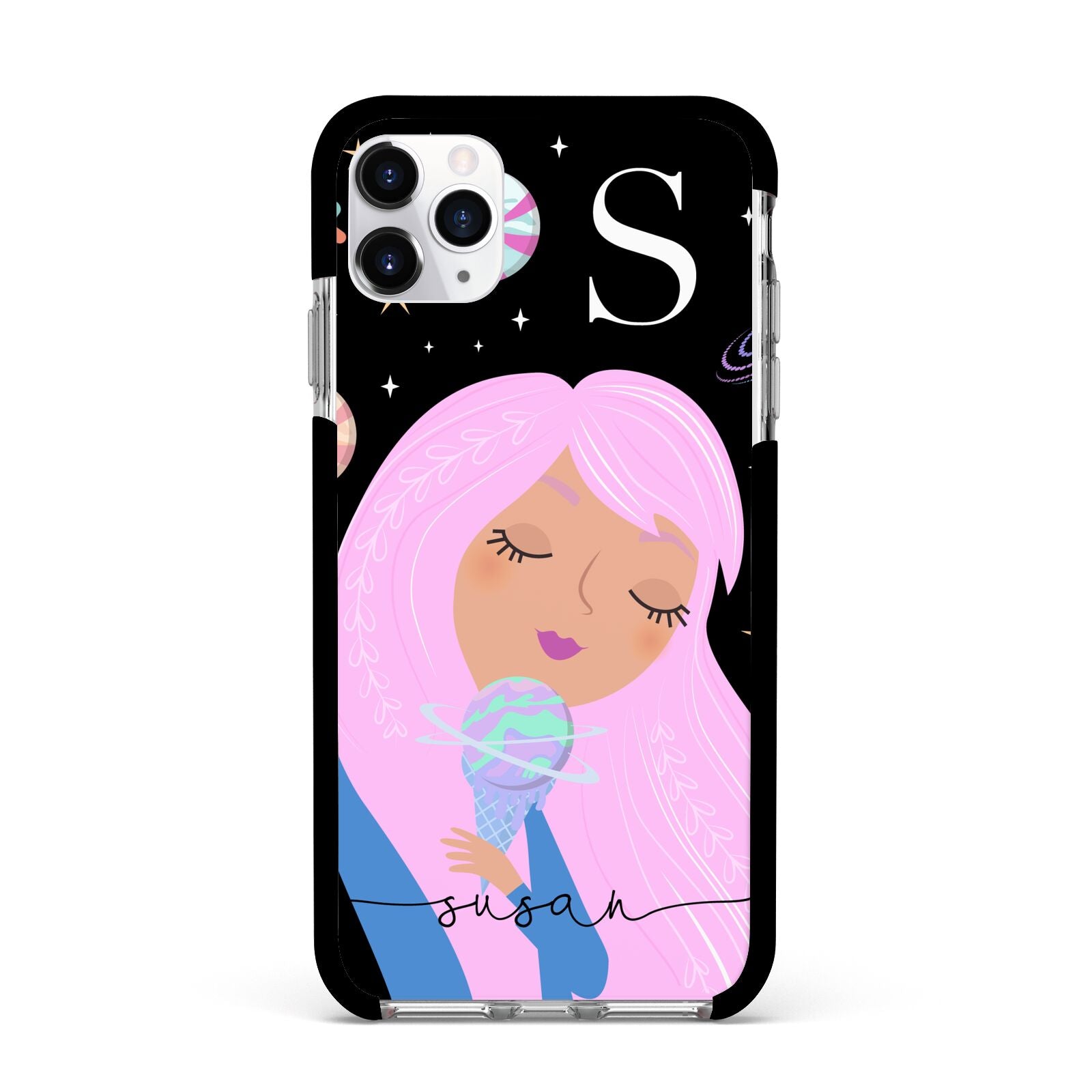 Pink Space Lady Personalised Apple iPhone 11 Pro Max in Silver with Black Impact Case
