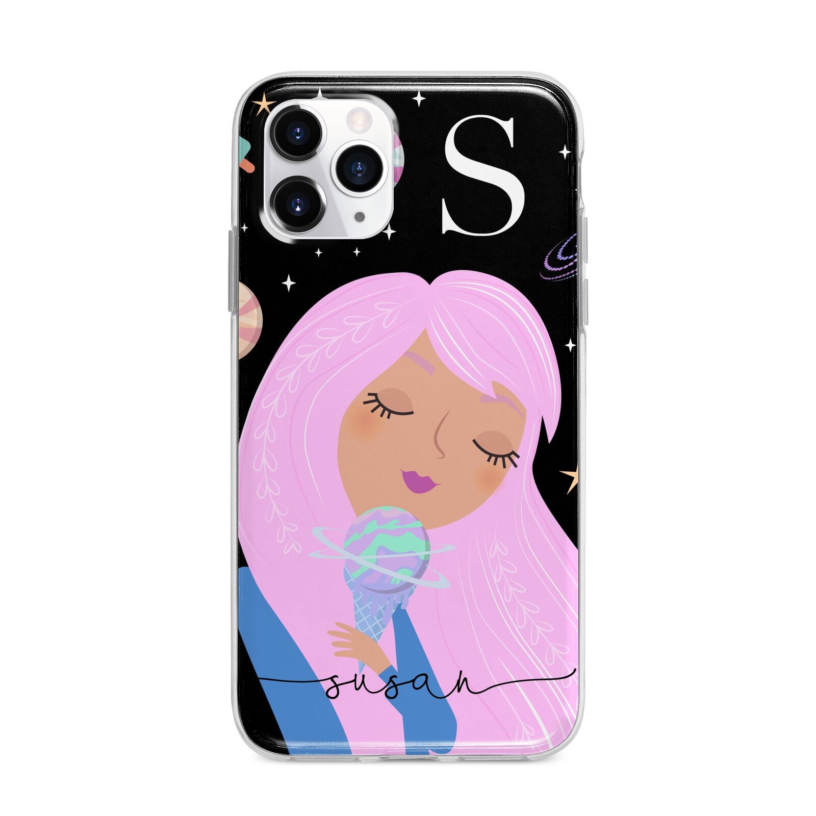 Pink Space Lady Personalised Apple iPhone 11 Pro Max in Silver with Bumper Case