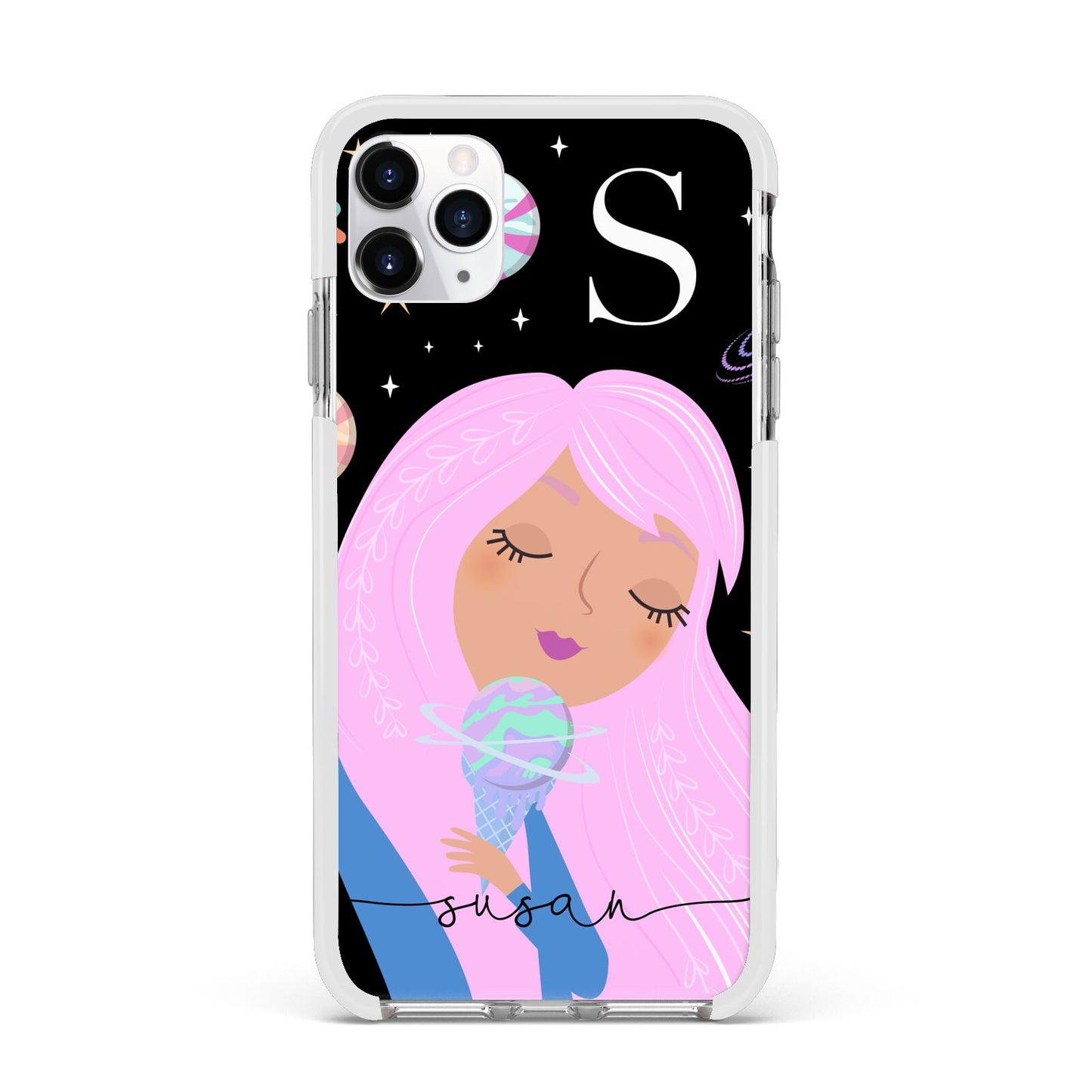 Pink Space Lady Personalised Apple iPhone 11 Pro Max in Silver with White Impact Case