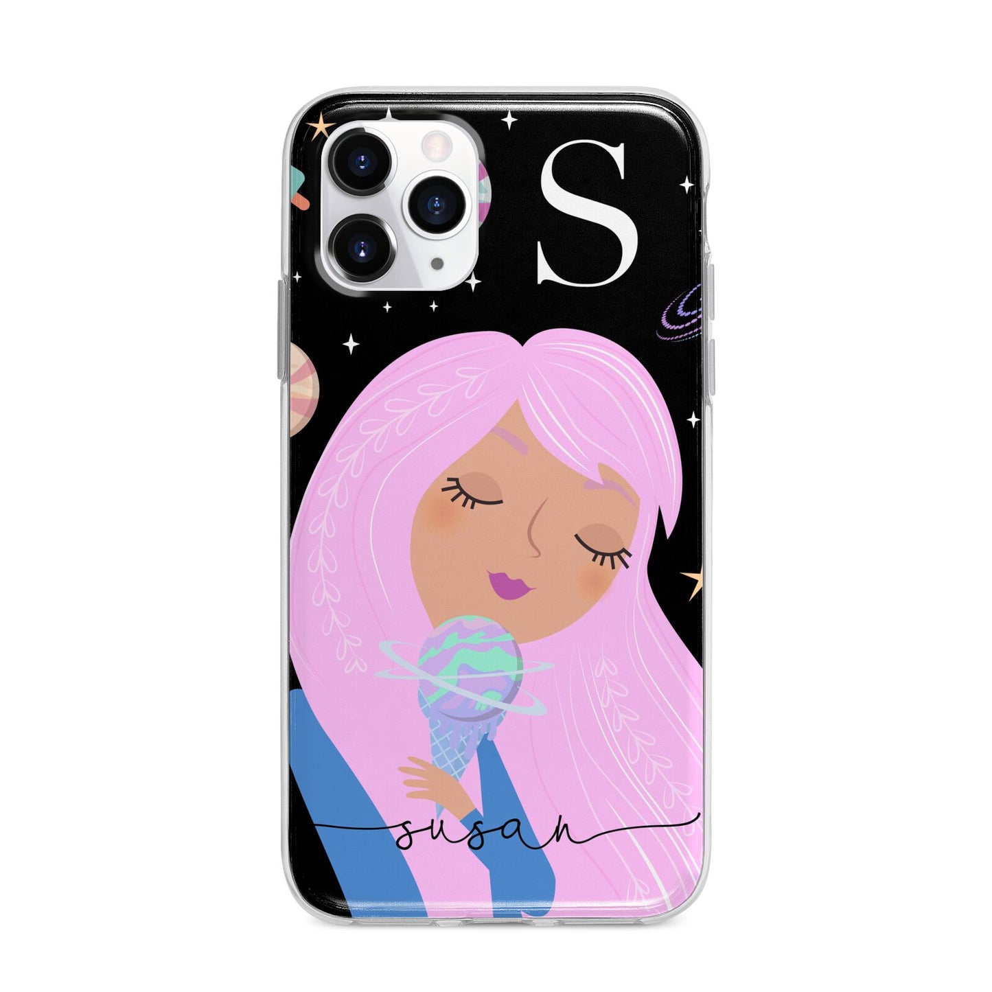 Pink Space Lady Personalised Apple iPhone 11 Pro in Silver with Bumper Case
