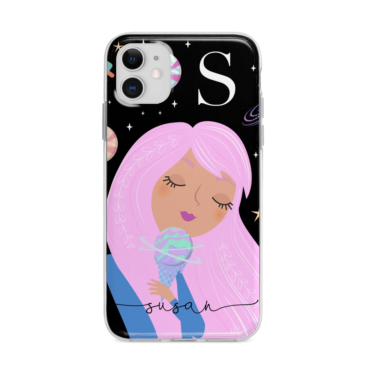 Pink Space Lady Personalised Apple iPhone 11 in White with Bumper Case
