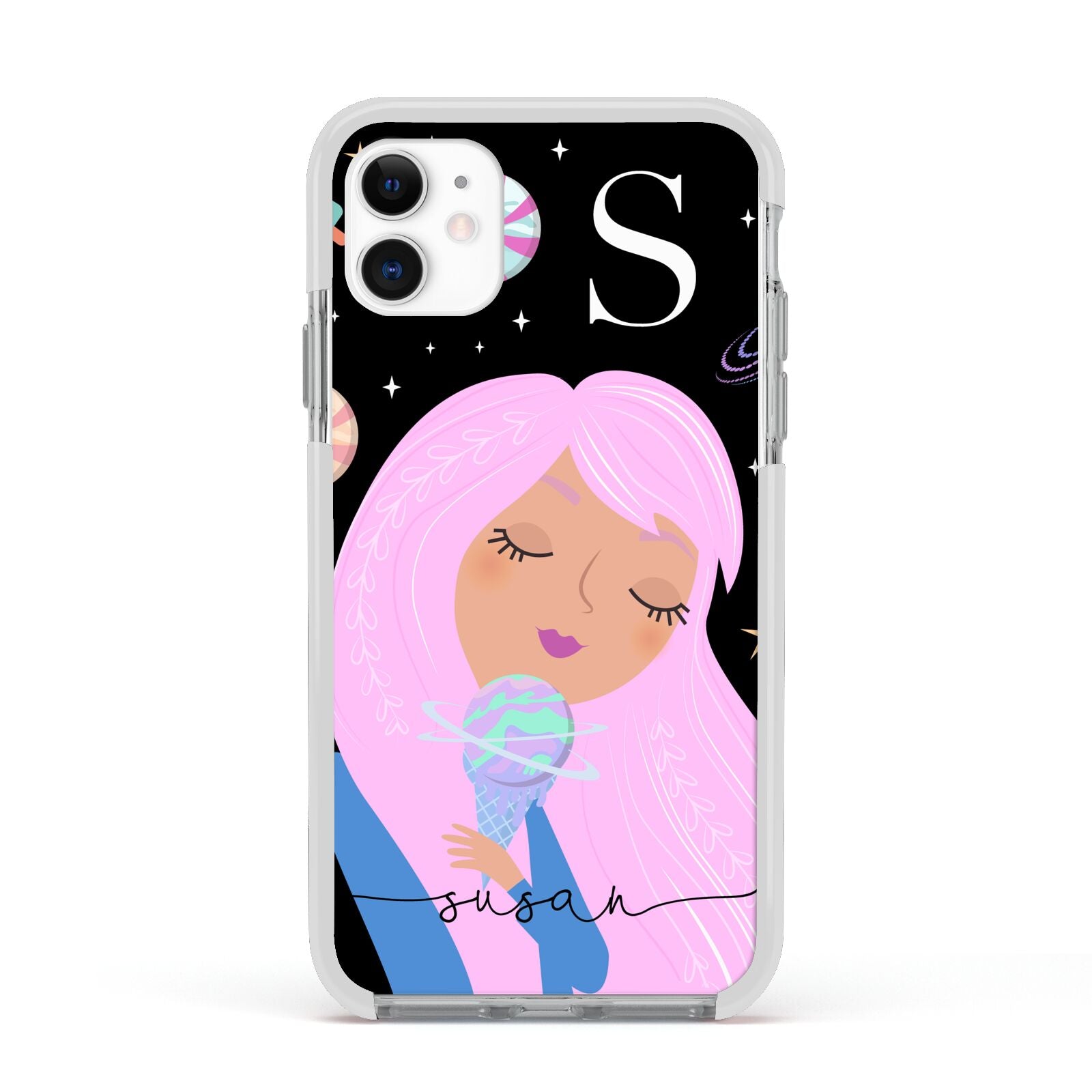 Pink Space Lady Personalised Apple iPhone 11 in White with White Impact Case