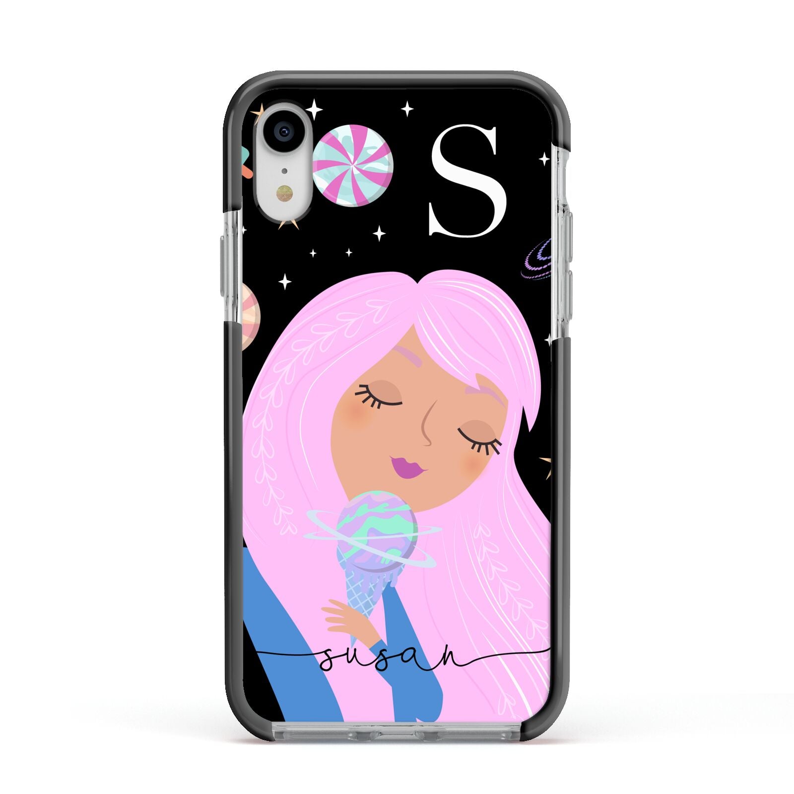 Pink Space Lady Personalised Apple iPhone XR Impact Case Black Edge on Silver Phone