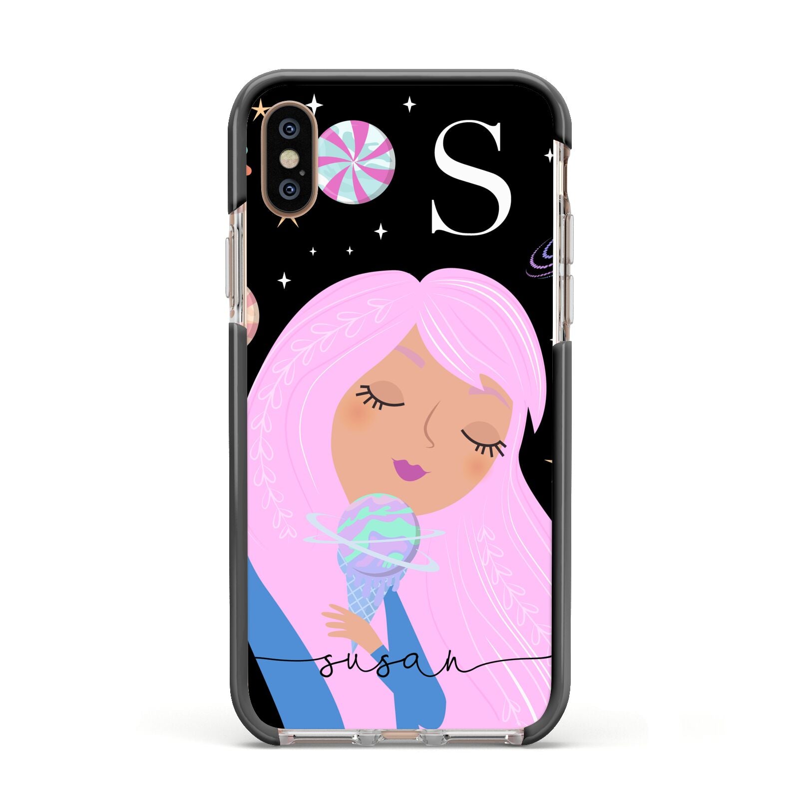 Pink Space Lady Personalised Apple iPhone Xs Impact Case Black Edge on Gold Phone