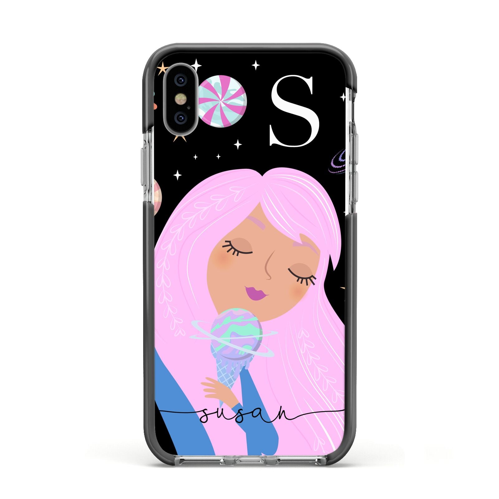 Pink Space Lady Personalised Apple iPhone Xs Impact Case Black Edge on Silver Phone
