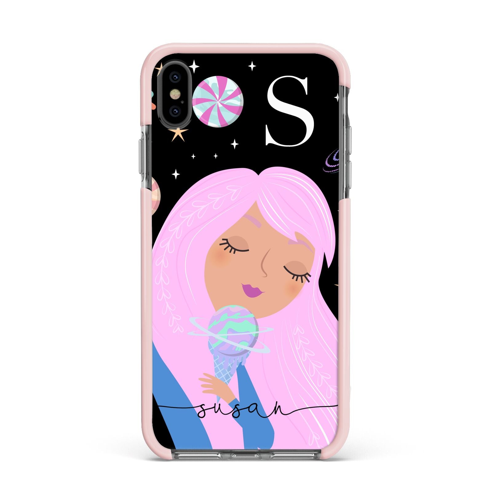 Pink Space Lady Personalised Apple iPhone Xs Max Impact Case Pink Edge on Black Phone