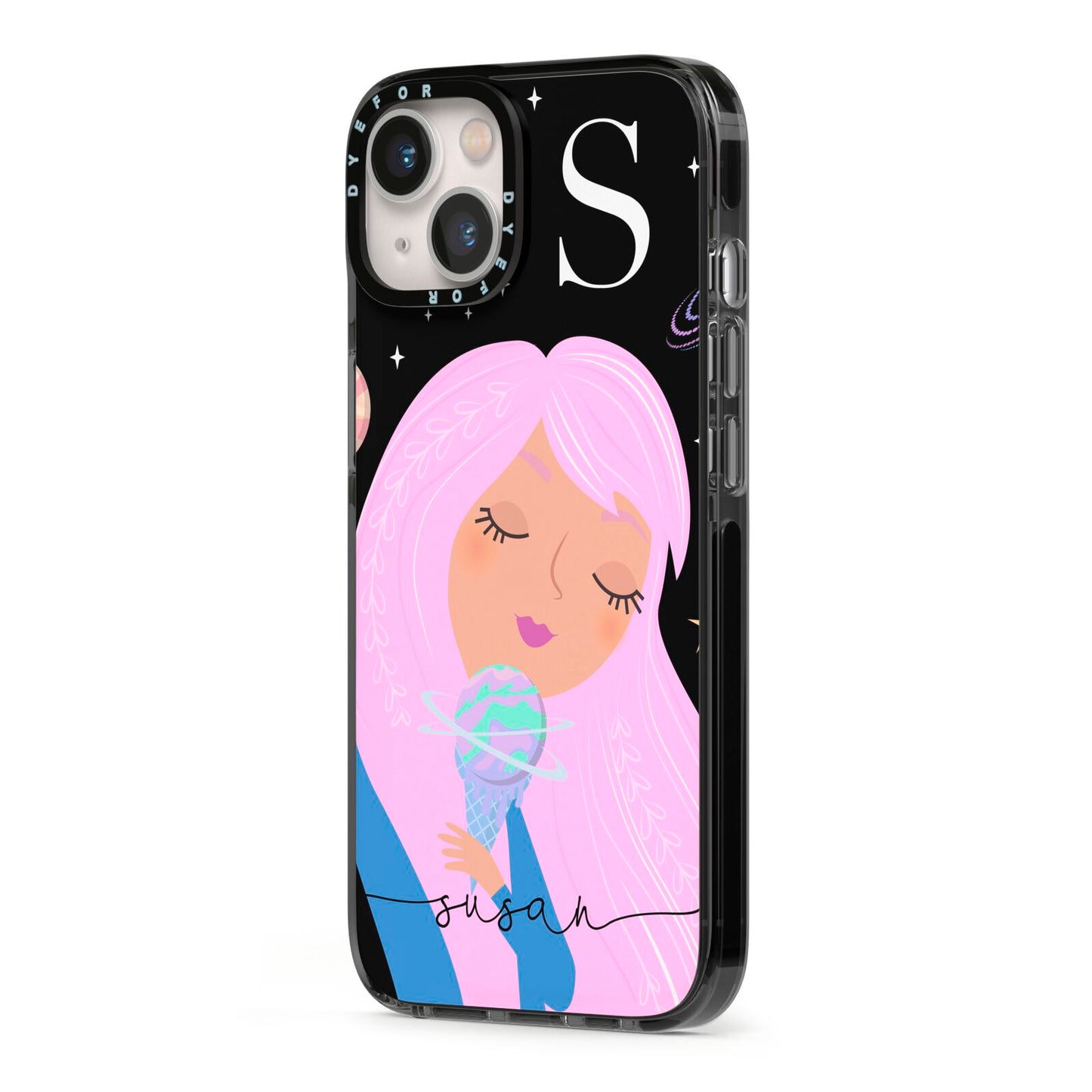 Pink Space Lady Personalised iPhone 13 Black Impact Case Side Angle on Silver phone