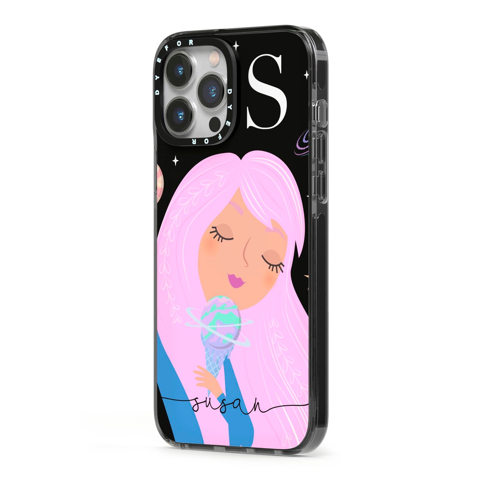 Pink Space Lady Personalised iPhone 13 Pro Max Black Impact Case Side Angle on Silver phone