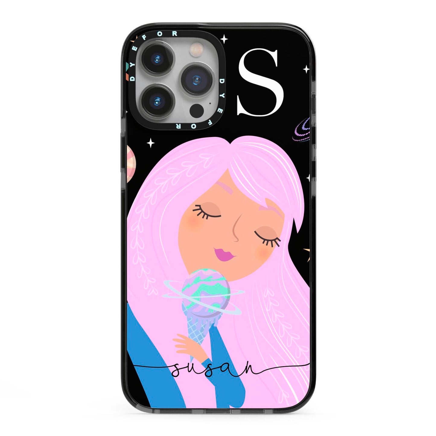 Pink Space Lady Personalised iPhone 13 Pro Max Black Impact Case on Silver phone