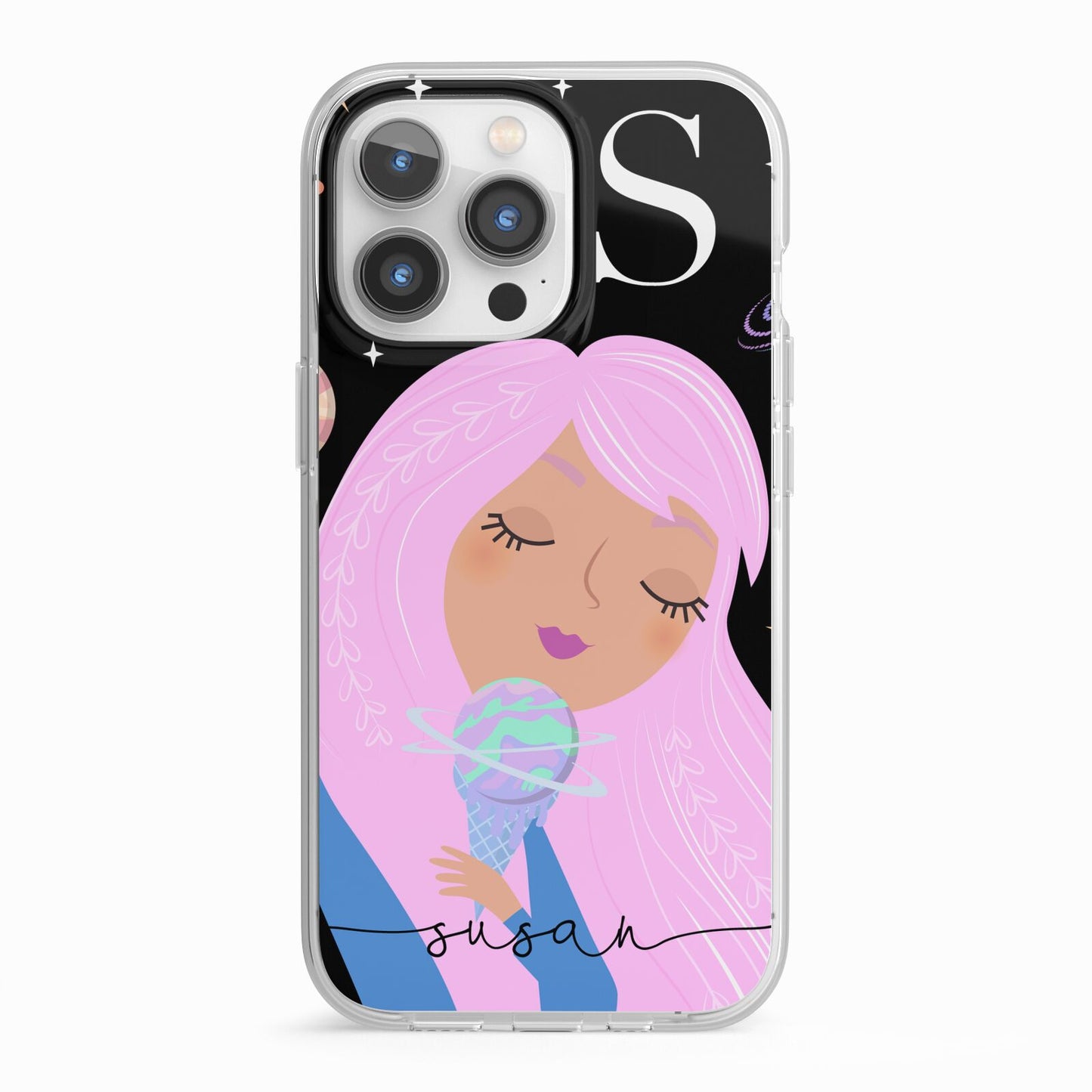 Pink Space Lady Personalised iPhone 13 Pro TPU Impact Case with White Edges