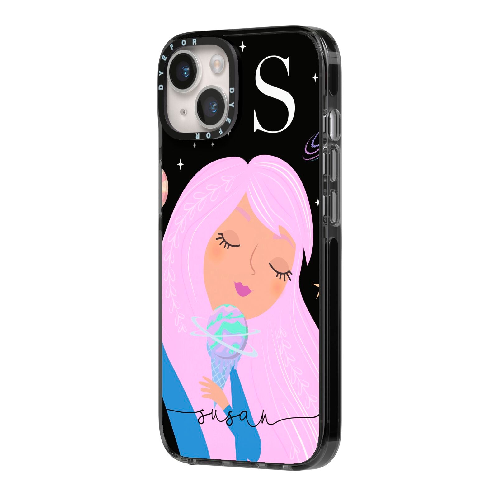 Pink Space Lady Personalised iPhone 14 Black Impact Case Side Angle on Silver phone