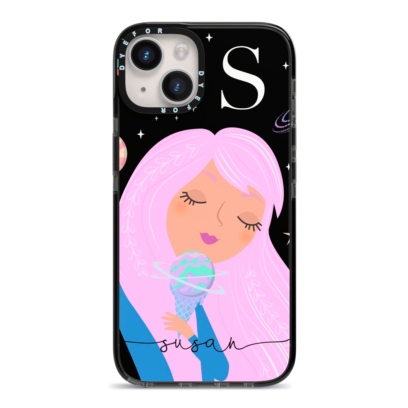 Pink Space Lady Personalised iPhone 14 Black Impact Case on Silver phone