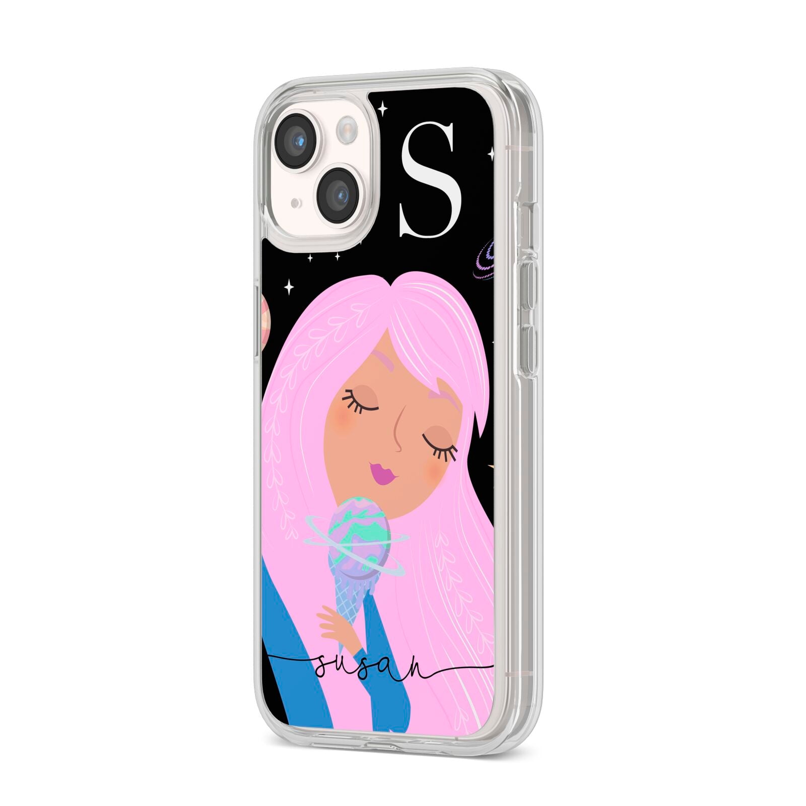 Pink Space Lady Personalised iPhone 14 Clear Tough Case Starlight Angled Image