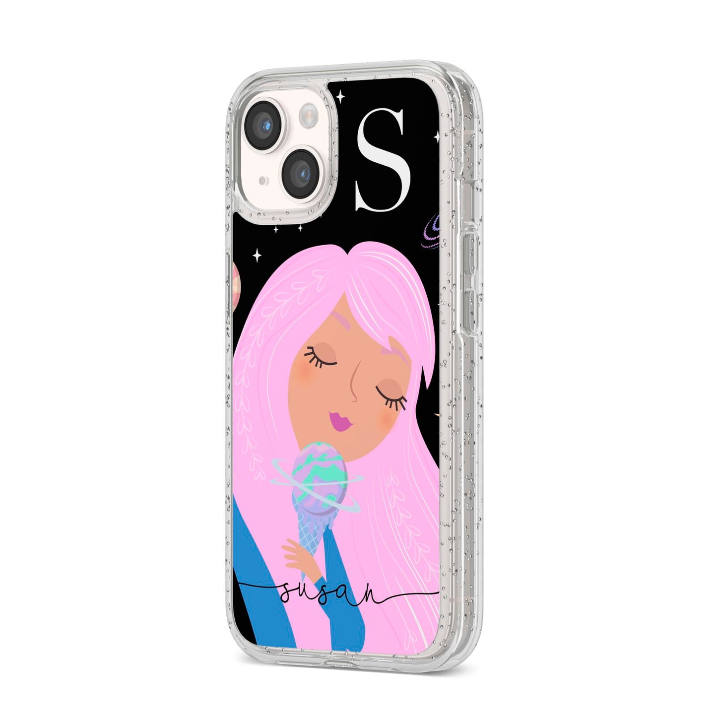Pink Space Lady Personalised iPhone 14 Glitter Tough Case Starlight Angled Image