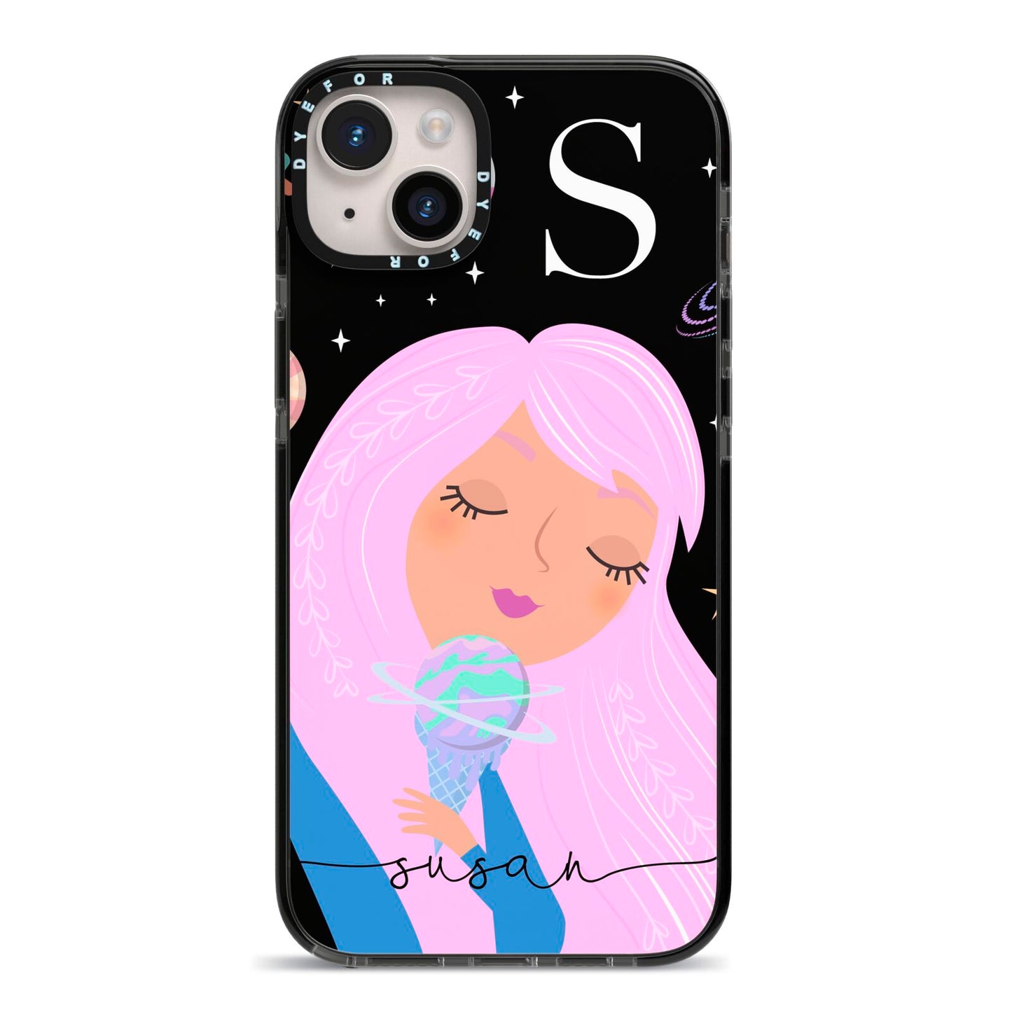 Pink Space Lady Personalised iPhone 14 Plus Black Impact Case on Silver phone