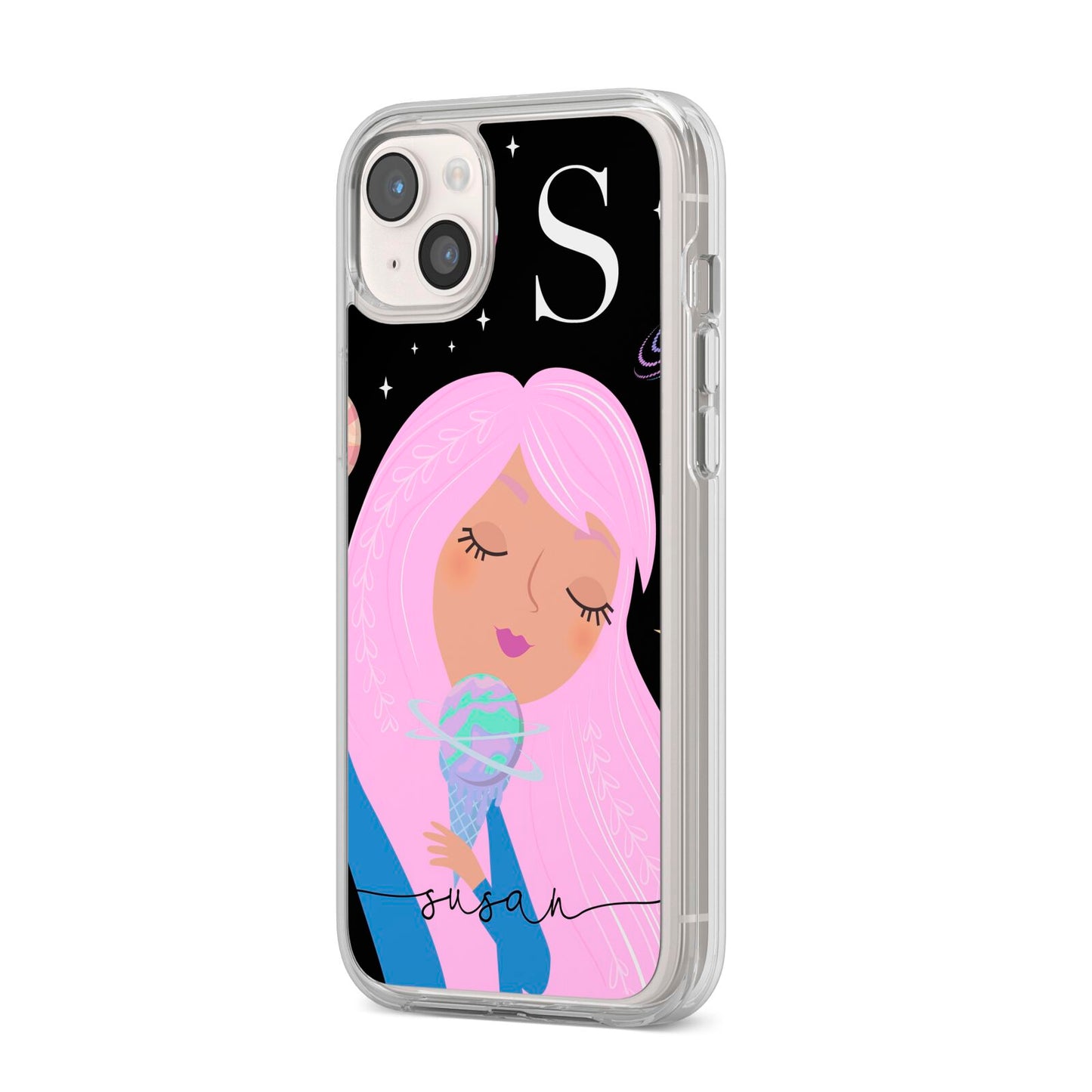 Pink Space Lady Personalised iPhone 14 Plus Clear Tough Case Starlight Angled Image