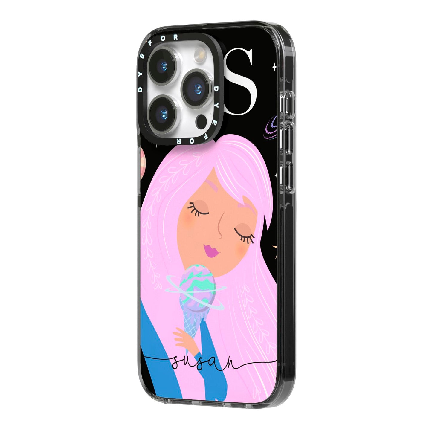 Pink Space Lady Personalised iPhone 14 Pro Black Impact Case Side Angle on Silver phone