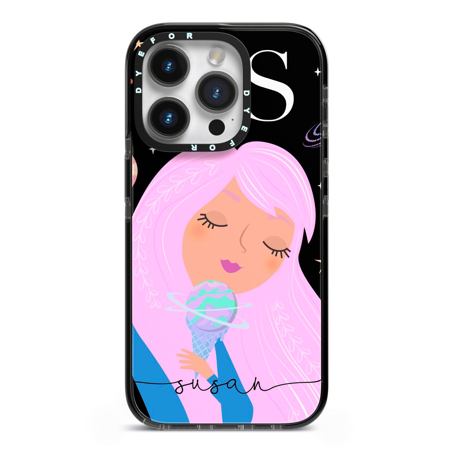 Pink Space Lady Personalised iPhone 14 Pro Black Impact Case on Silver phone