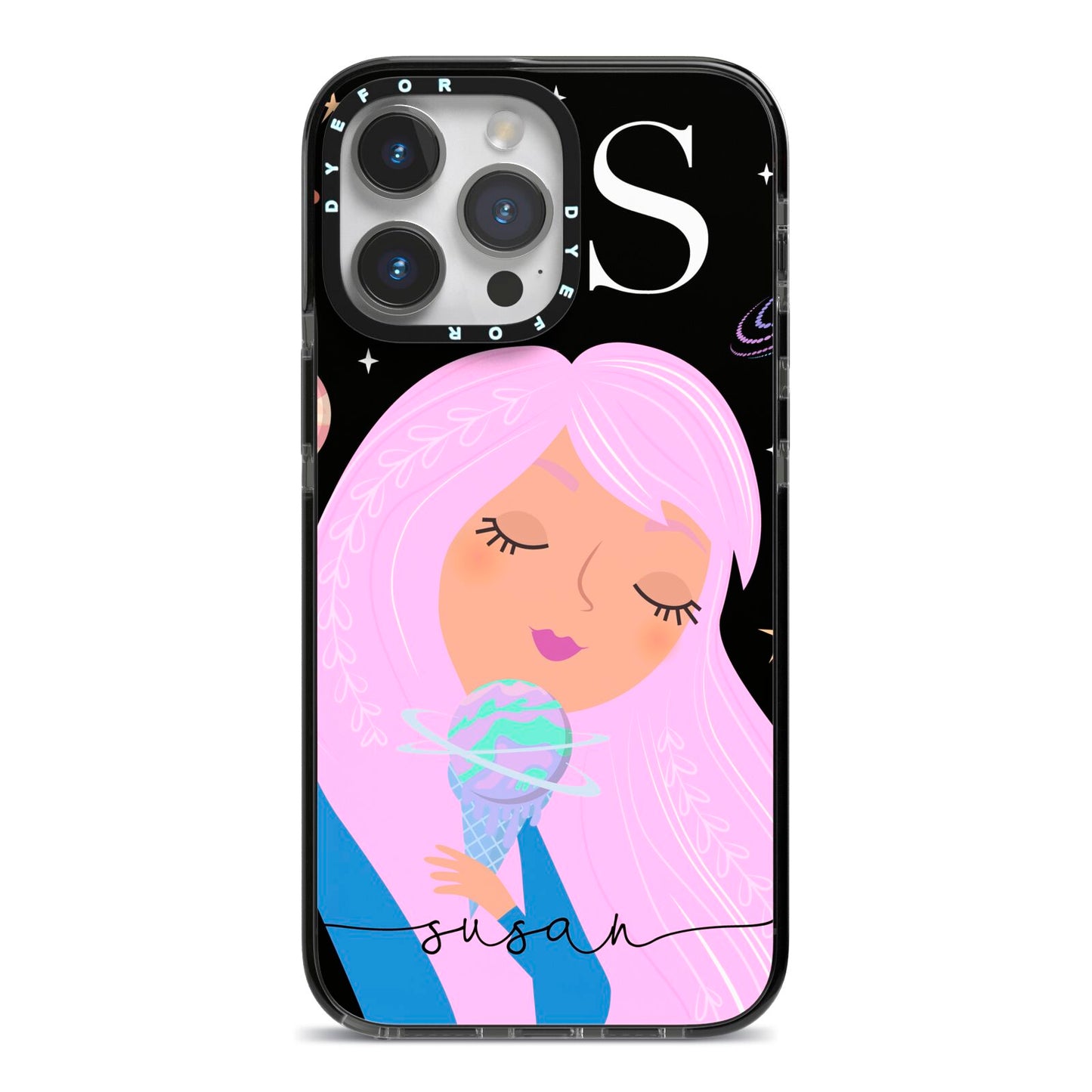 Pink Space Lady Personalised iPhone 14 Pro Max Black Impact Case on Silver phone