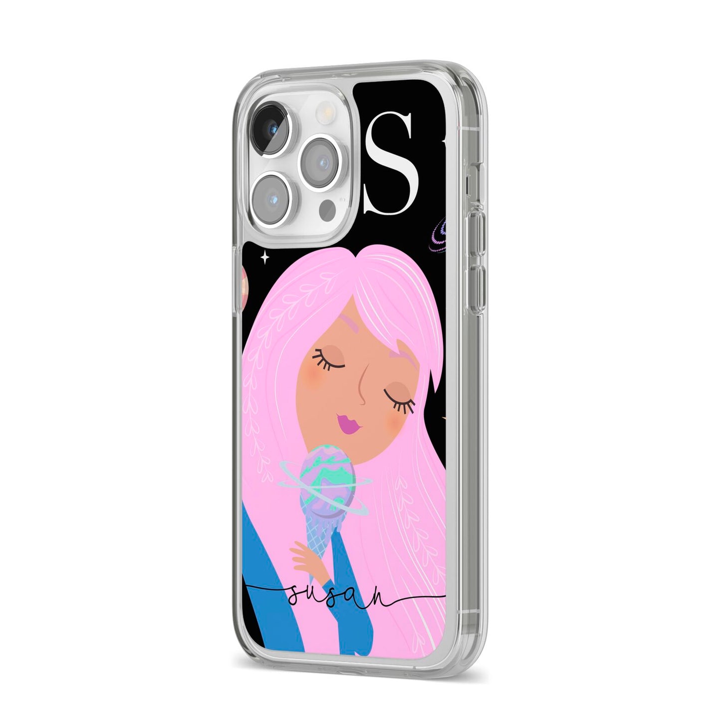 Pink Space Lady Personalised iPhone 14 Pro Max Clear Tough Case Silver Angled Image