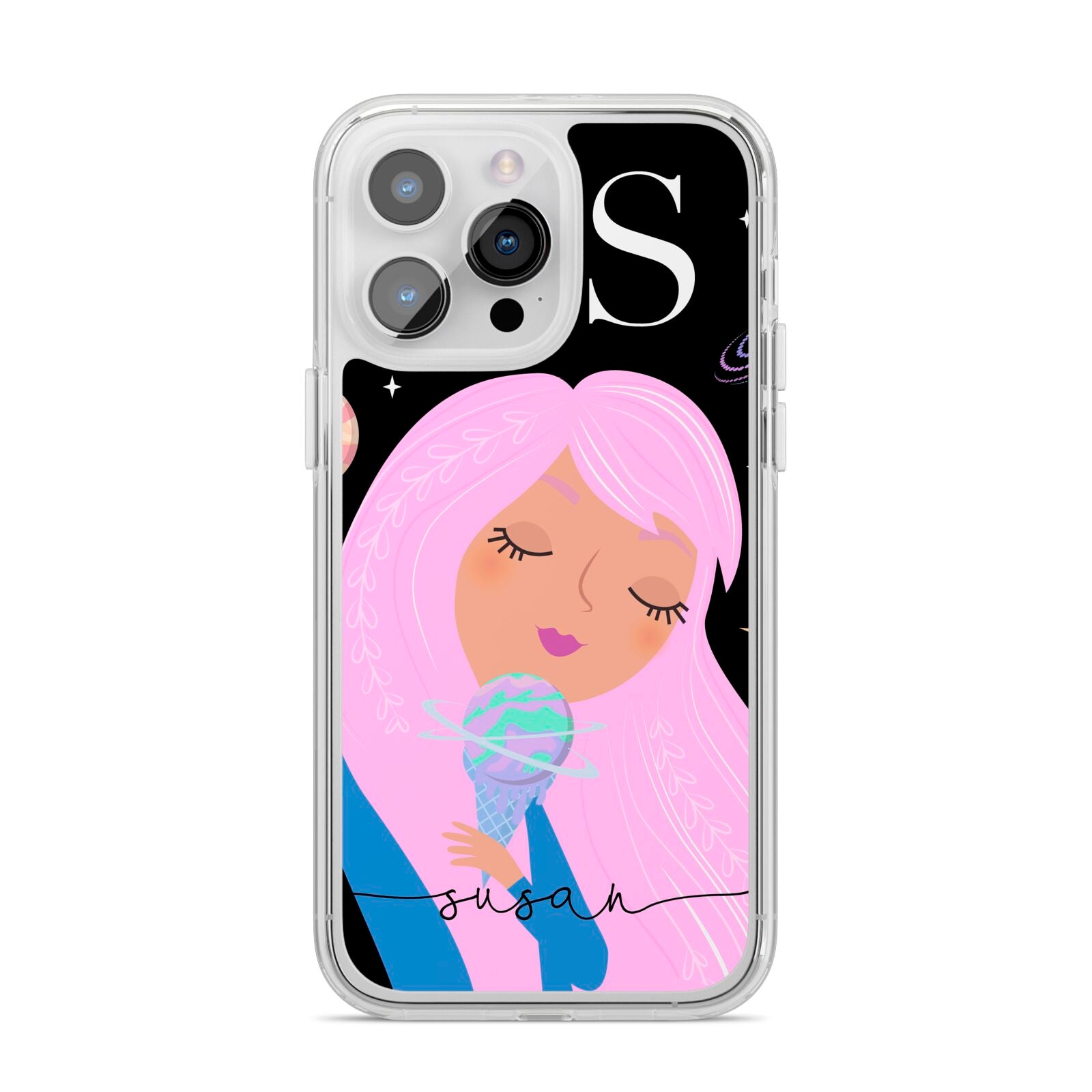 Pink Space Lady Personalised iPhone 14 Pro Max Clear Tough Case Silver
