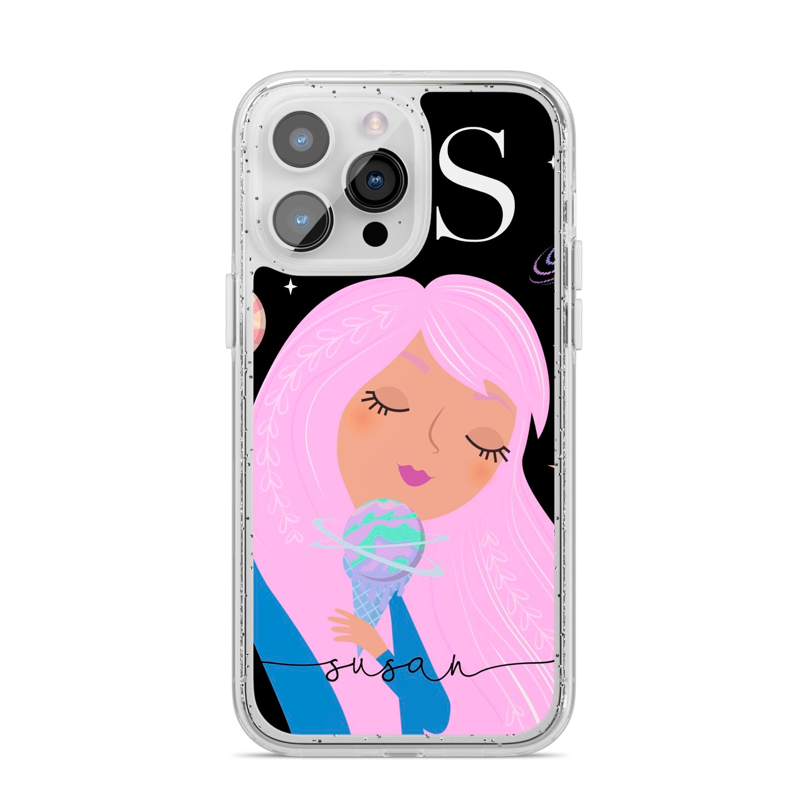 Pink Space Lady Personalised iPhone 14 Pro Max Glitter Tough Case Silver