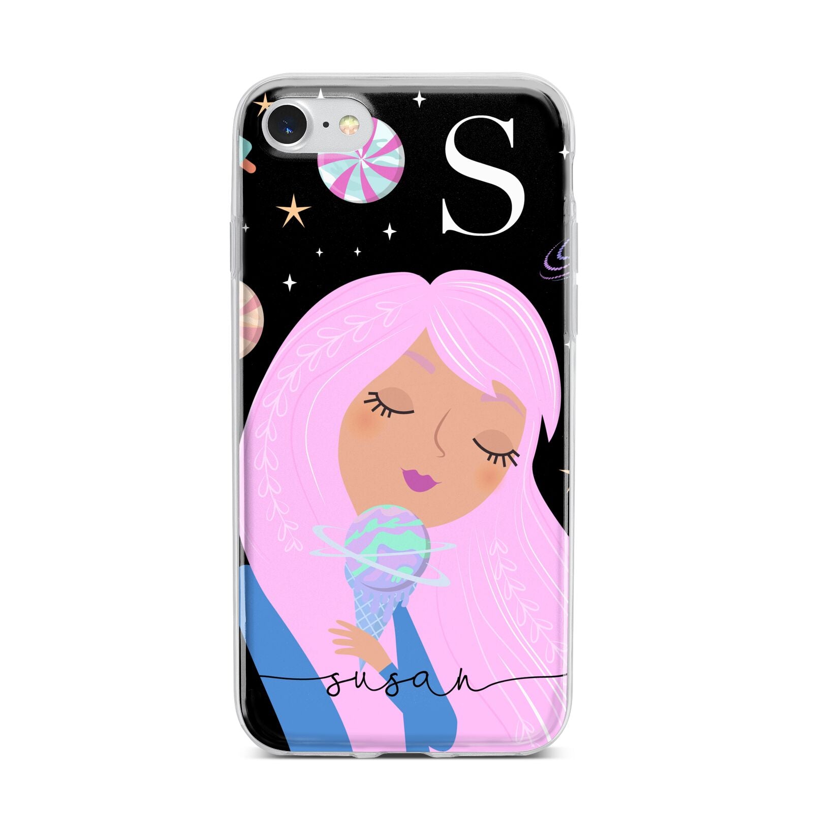 Pink Space Lady Personalised iPhone 7 Bumper Case on Silver iPhone
