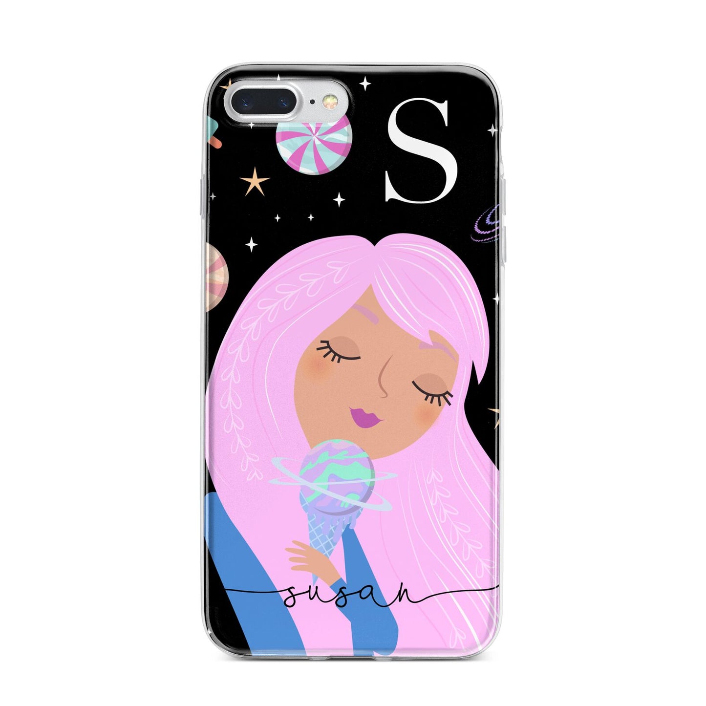 Pink Space Lady Personalised iPhone 7 Plus Bumper Case on Silver iPhone