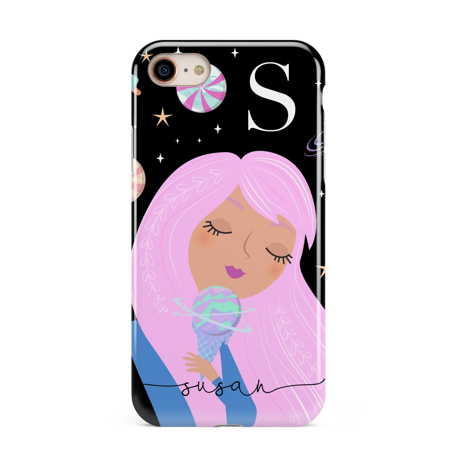 Pink Space Lady Personalised iPhone 8 3D Tough Case on Gold Phone