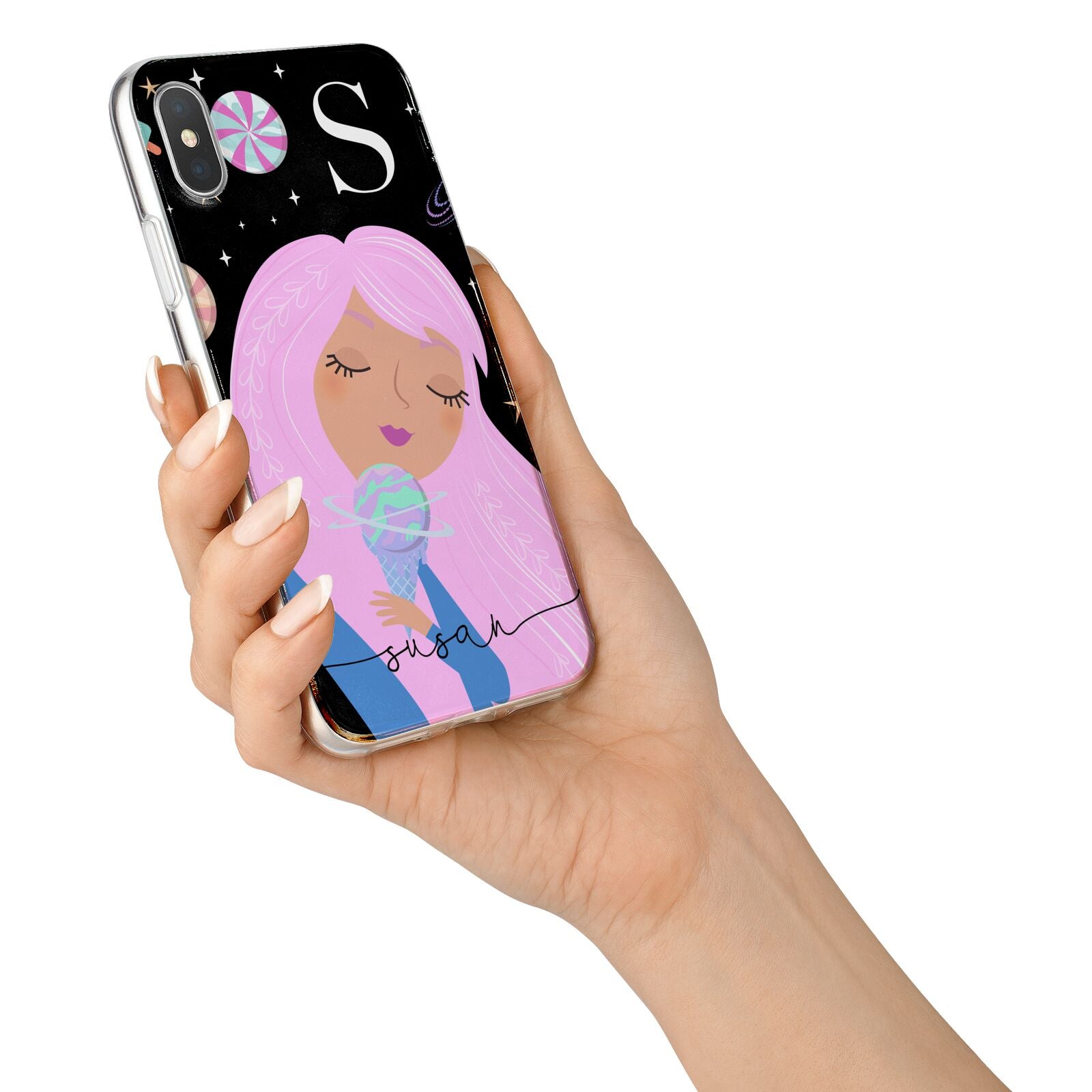 Pink Space Lady Personalised iPhone X Bumper Case on Silver iPhone Alternative Image 2