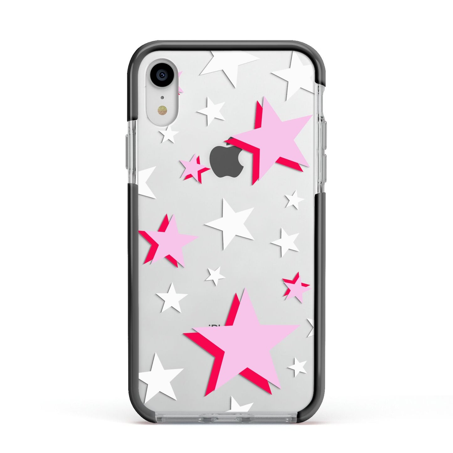 Pink Star Apple iPhone XR Impact Case Black Edge on Silver Phone